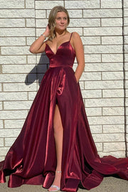 Casual Satin A-Line V-Neck Sleeveless With Side Slit Prom Dress