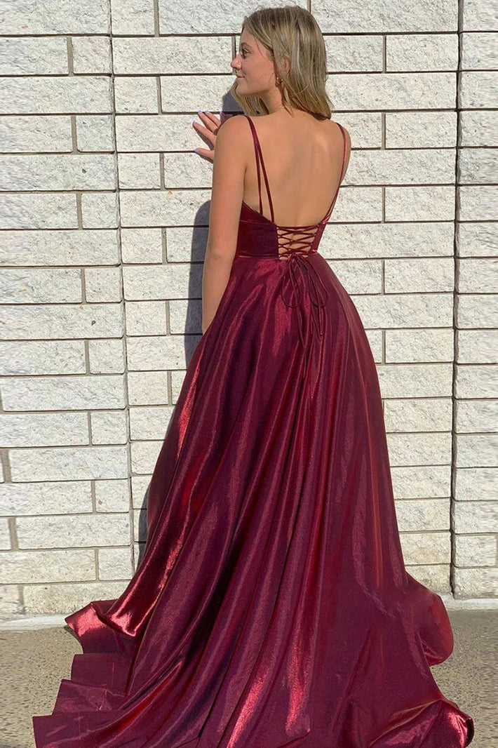 Casual Satin A-Line V-Neck Sleeveless With Side Slit Prom Dress