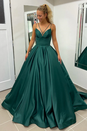 Casual Satin A-Line V-Neck Sleeveless With Train Prom Dress