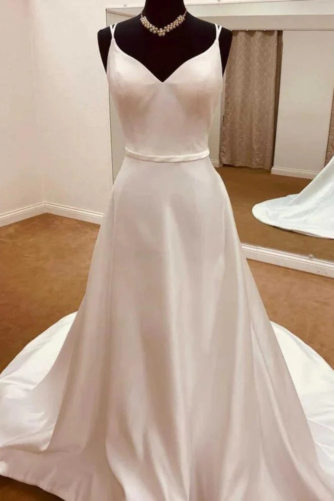 Casual Satin A-Line V-Neck Sleeveless With Train Wedding Dress