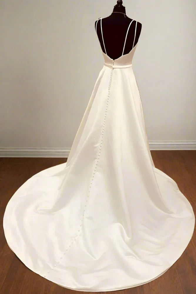 Casual Satin A-Line V-Neck Sleeveless With Train Wedding Dress