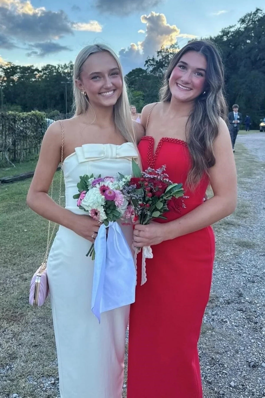 Casual Satin Fitted Bow Strapless Long Party Prom Dress