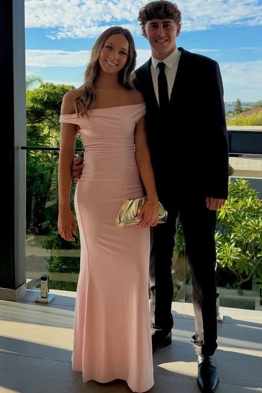 Casual Satin Fitted Off-Shoulder Sleeveless Long Party Prom Dress 