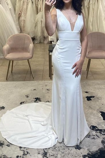 Casual Satin Fitted V-Neck Sleeveless Long Wedding Dress White / Custom Size