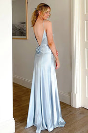 Casual Satin Low V-Neck Backless Party Prom Dress With Florals 
