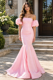 Casual Satin Mermaid Strapless Puff Sleeves Tie Long Party Prom Dress