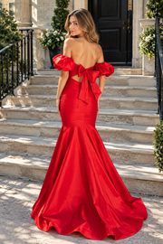Casual Satin Mermaid Strapless Puff Sleeves Tie Long Party Prom Dress