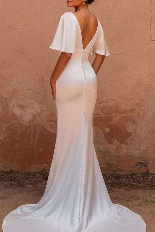 Casual Satin Mermaid V-Neck Backless Bell Sleeves Wedding Dress