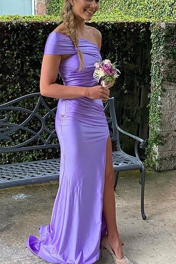Casual Satin One Shoulder Sleeveless Mermaid Party Prom Dress With Slit
