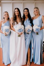 Casual Satin One Shoulder Sleeveless Sheath Bridesmaid Dress With Slit 