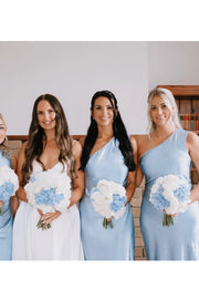 Casual Satin One Shoulder Sleeveless Sheath Bridesmaid Dress With Slit 