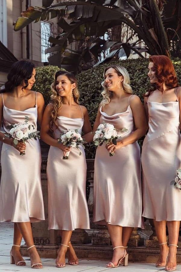Casual Satin Spaghetti Straps Midi Bridesmaid Dress