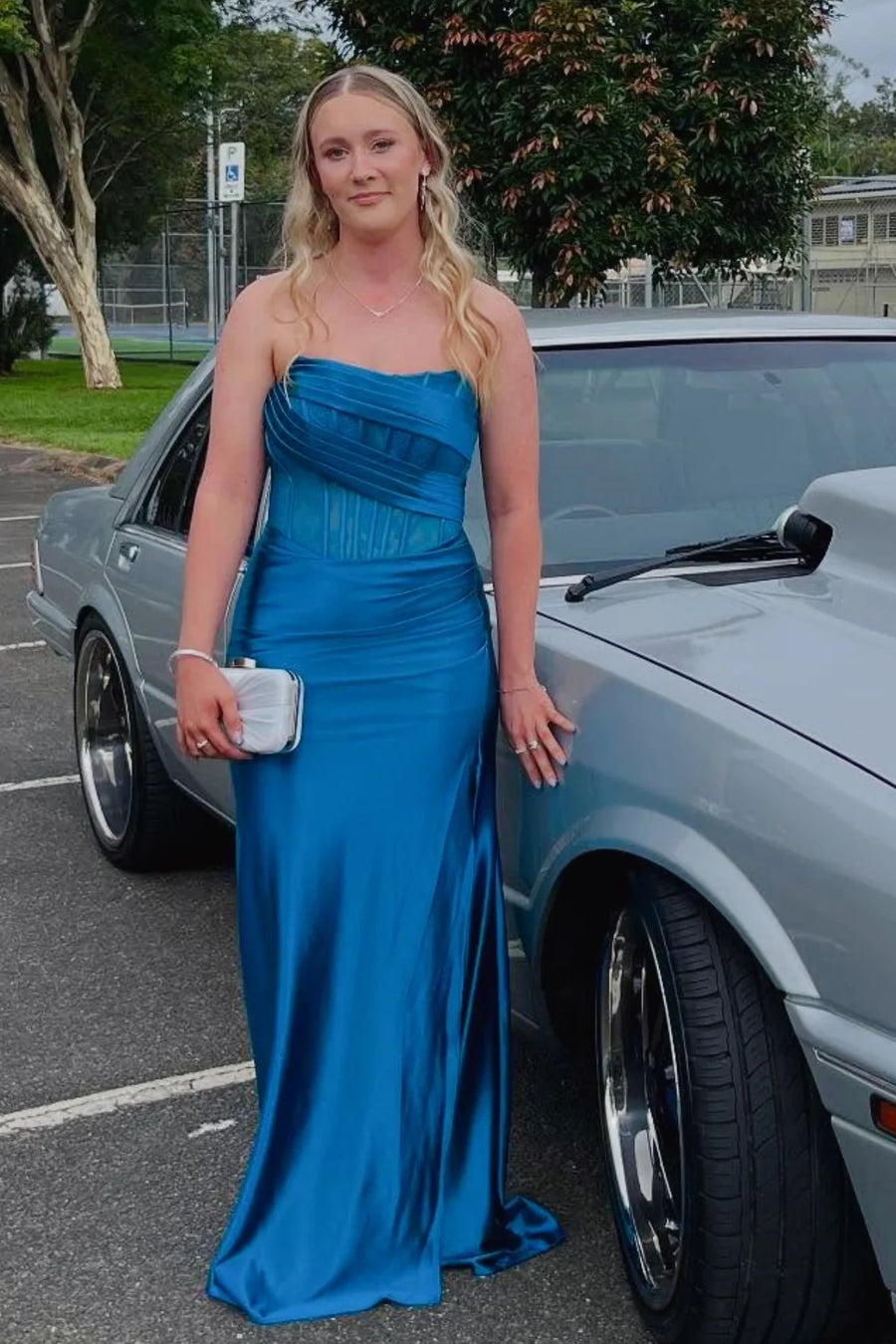 Casual Satin Strapless Empire Ruched Prom Party Dress With Slit