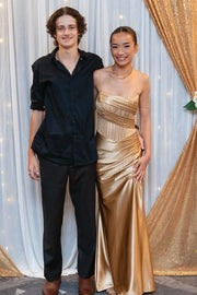 Casual Satin Strapless Empire Ruched Prom Party Dress With Slit