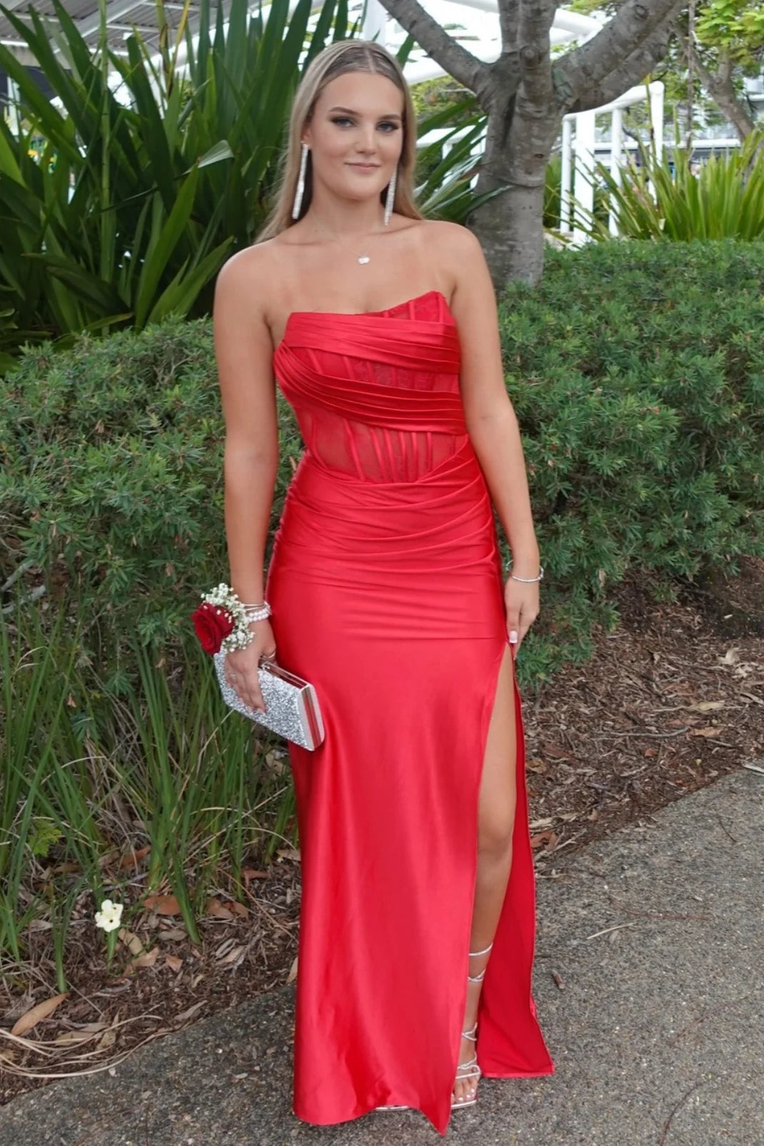 Casual Satin Strapless Empire Ruched Prom Party Dress With Slit