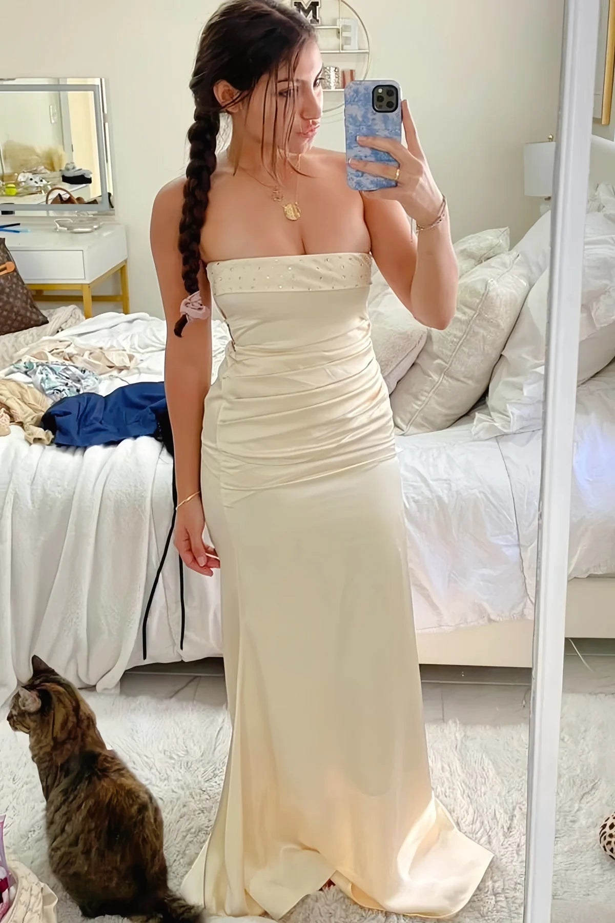 Casual Satin Strapless Mermaid Pleated Party Prom Dress