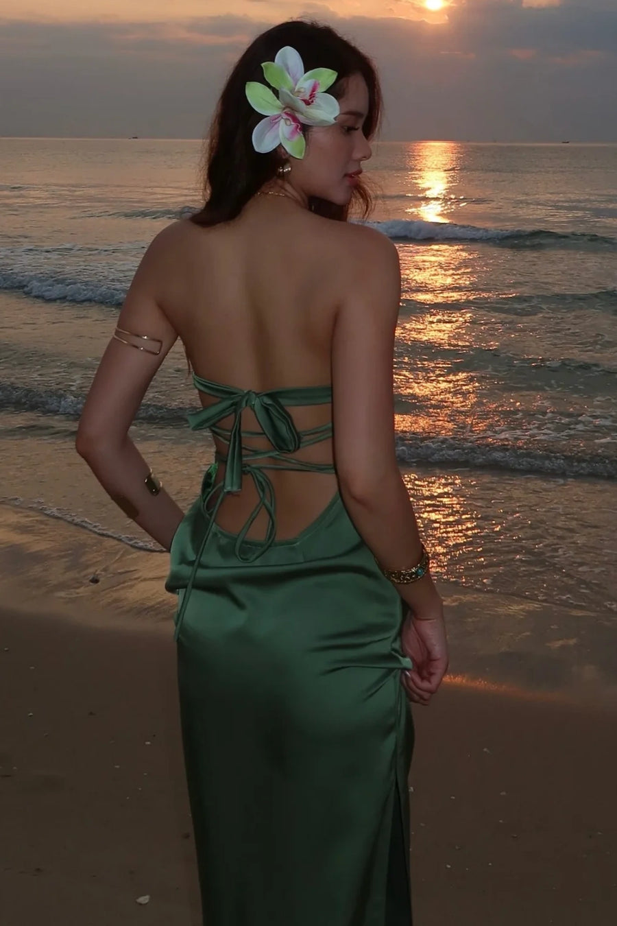 Casual Satin Strapless Party Evening Dress With Leg Slit