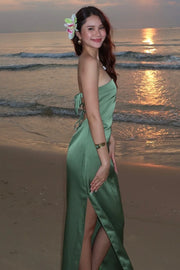 Casual Satin Strapless Party Evening Dress With Leg Slit