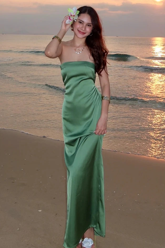 Casual Satin Strapless Party Evening Dress With Leg Slit