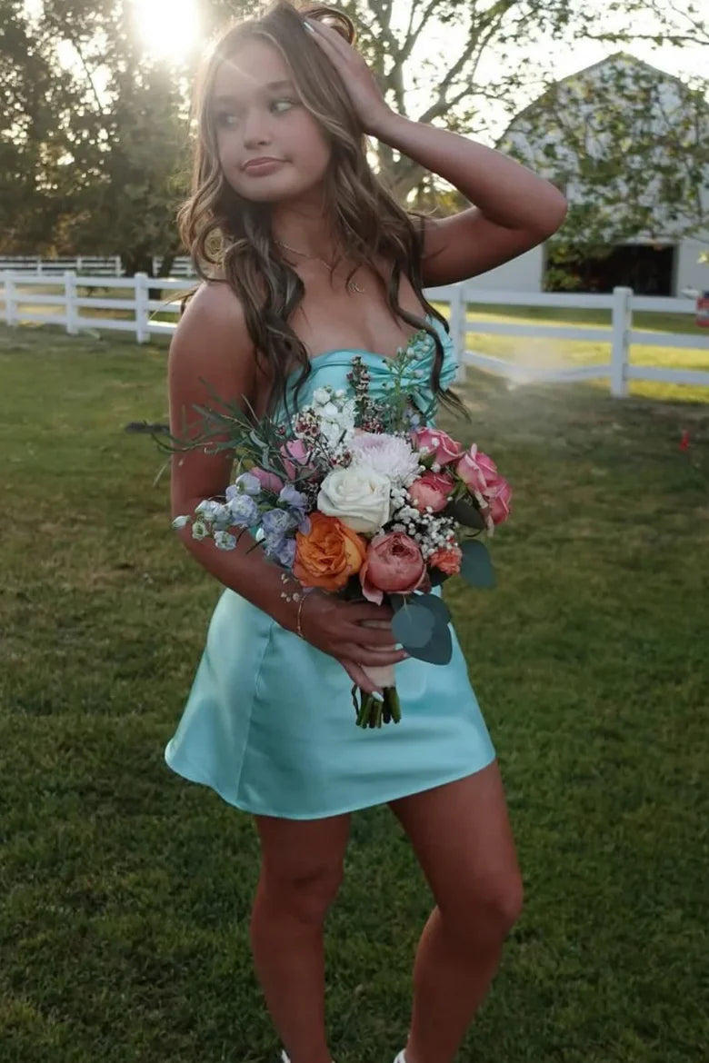 Casual Satin Sweetheart Lace Up Mini Homecoming Dress Picture A / US 8