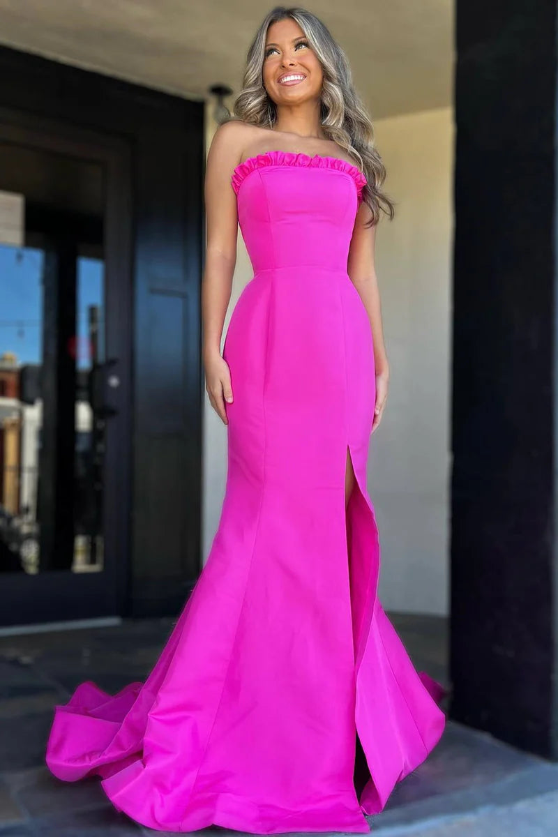 Casual Satin Trumpet Strapless With Train Prom Dress