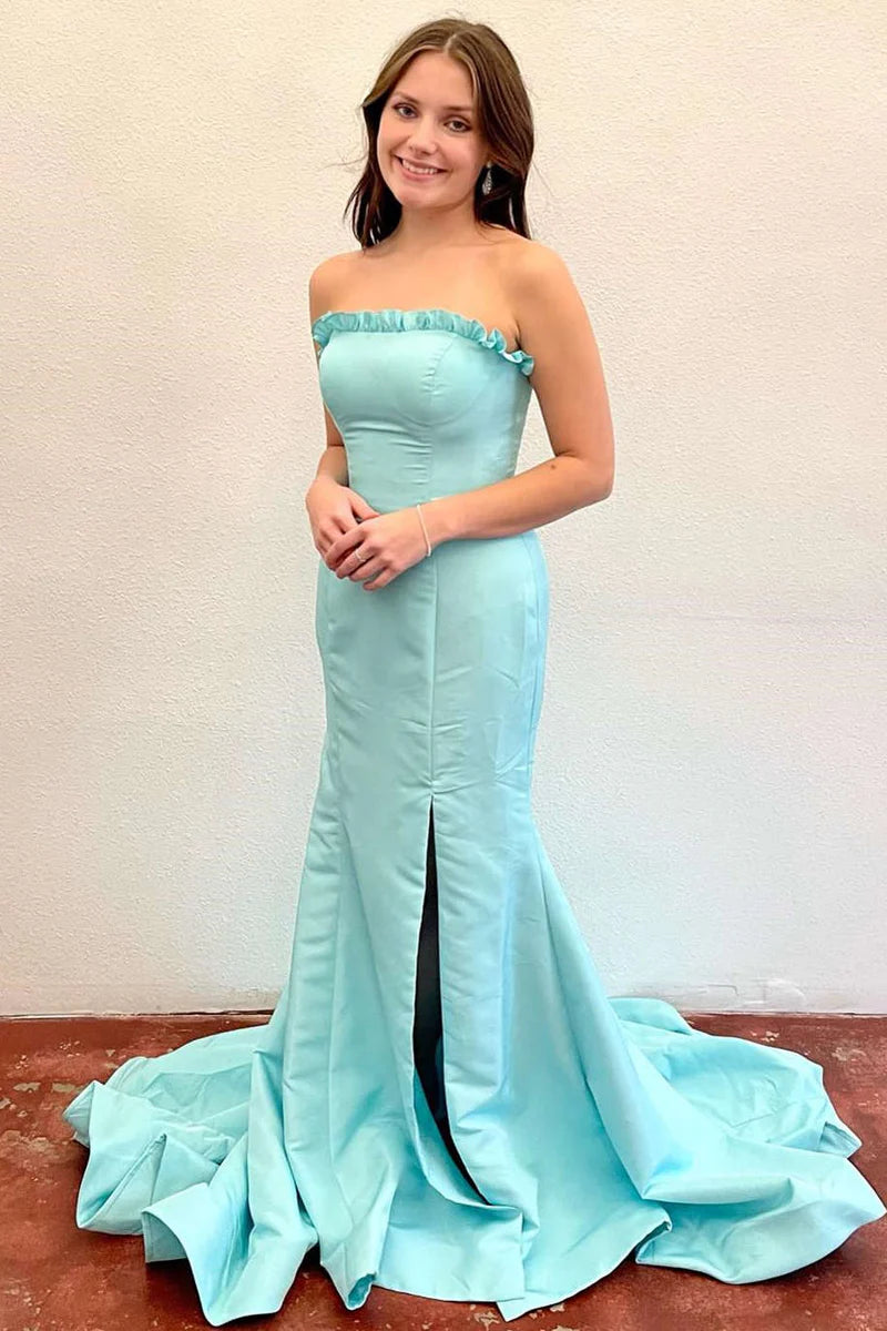 Casual Satin Trumpet Strapless With Train Prom Dress