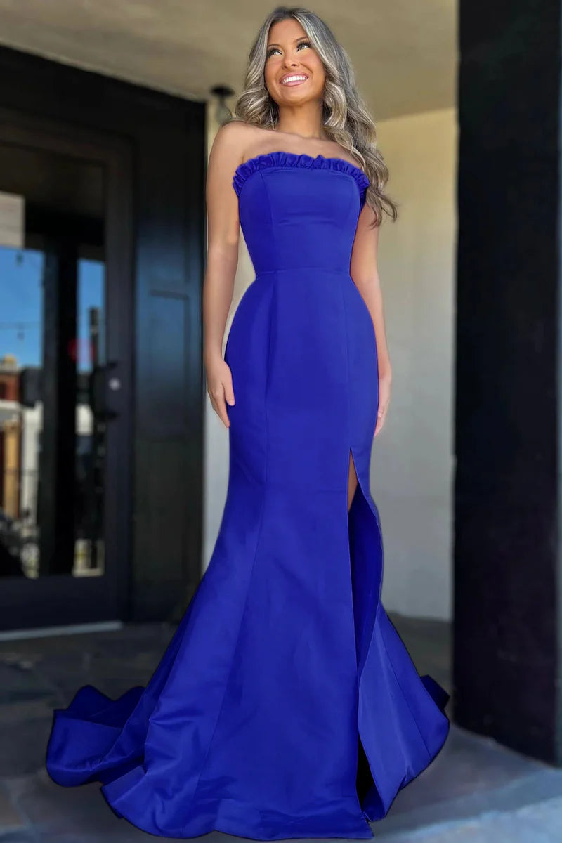 Casual Satin Trumpet Strapless With Train Prom Dress