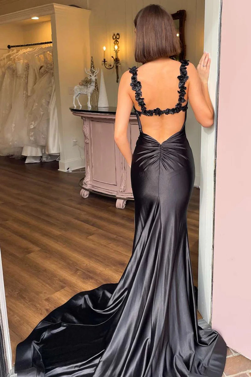 Casual Satin Trumpet V-Neck Spaghetti Straps Prom Dress