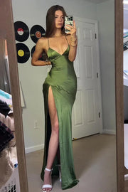 Casual Satin V-Neck Lace Up Party Prom Dress With Slit