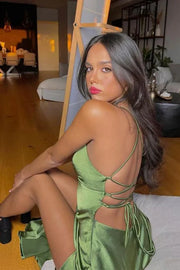 Casual Satin V-Neck Lace Up Party Prom Dress With Slit