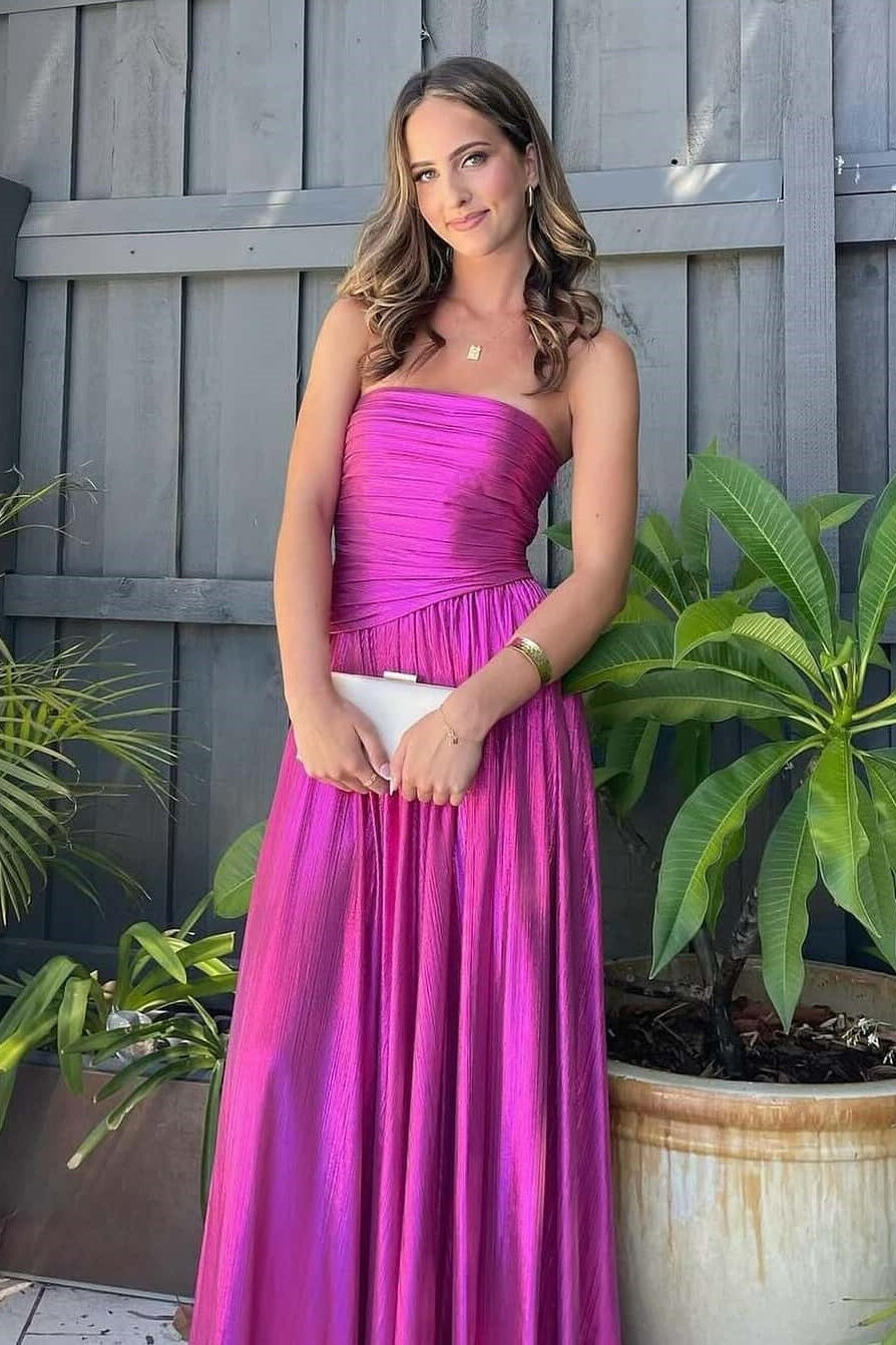 Casual Strapless A-Line Satin Pleated Long Party Prom Dress 