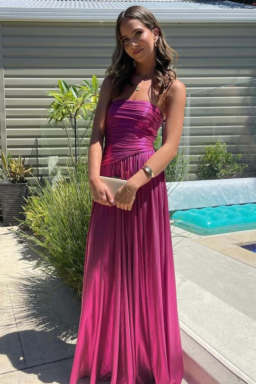 Casual Strapless A-Line Satin Pleated Long Party Prom Dress 