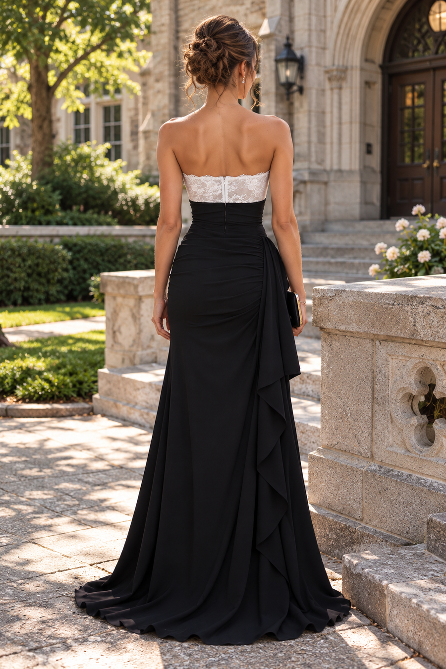 Casual Strapless Lace Top Satin Sheath Ruffle Split Evening Party Dress