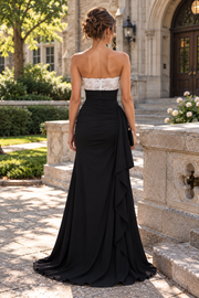 Casual Strapless Lace Top Satin Sheath Ruffle Split Evening Party Dress
