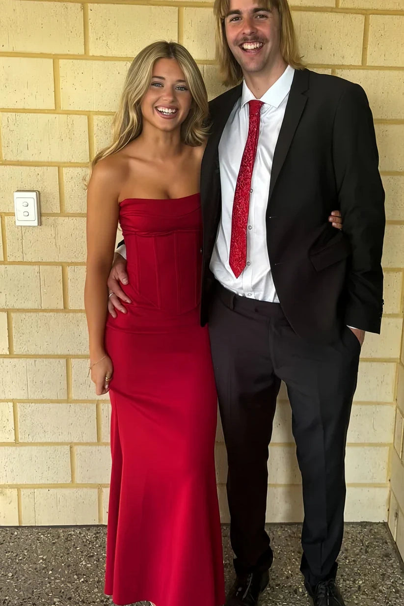 Casual Strapless Natural Waist Naxi Satin Red Party Prom Dress