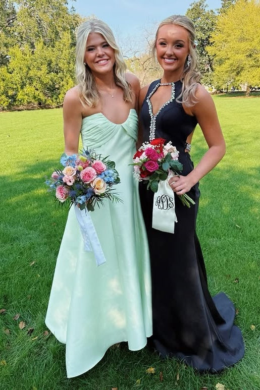 Casual Strapless Sleeveless High Waist Satin A-Line Maxi Party Prom Dress