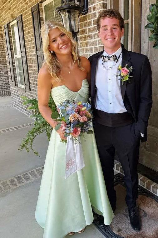 Casual Strapless Sleeveless High Waist Satin A-Line Maxi Party Prom Dress
