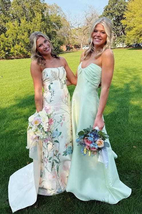 Casual Strapless Sleeveless High Waist Satin A-Line Maxi Party Prom Dress