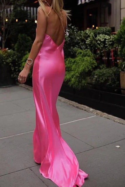 Casual V-Neck Spaghetti Straps Open Back Bridesmaid Dress