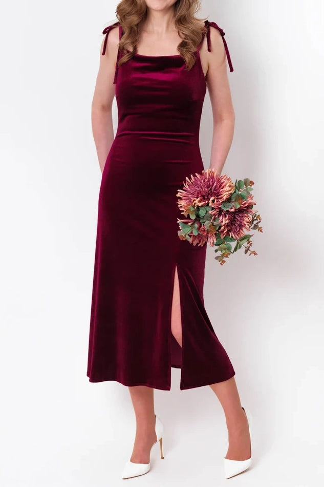 Casual Velvet Square Spaghetti Straps Midi Dress