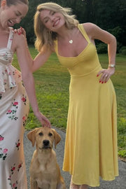 Casual Yellow V-Neck Straps Satin A-Line Party Prom Dress