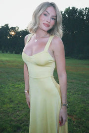 Casual Yellow V-Neck Straps Satin A-Line Party Prom Dress