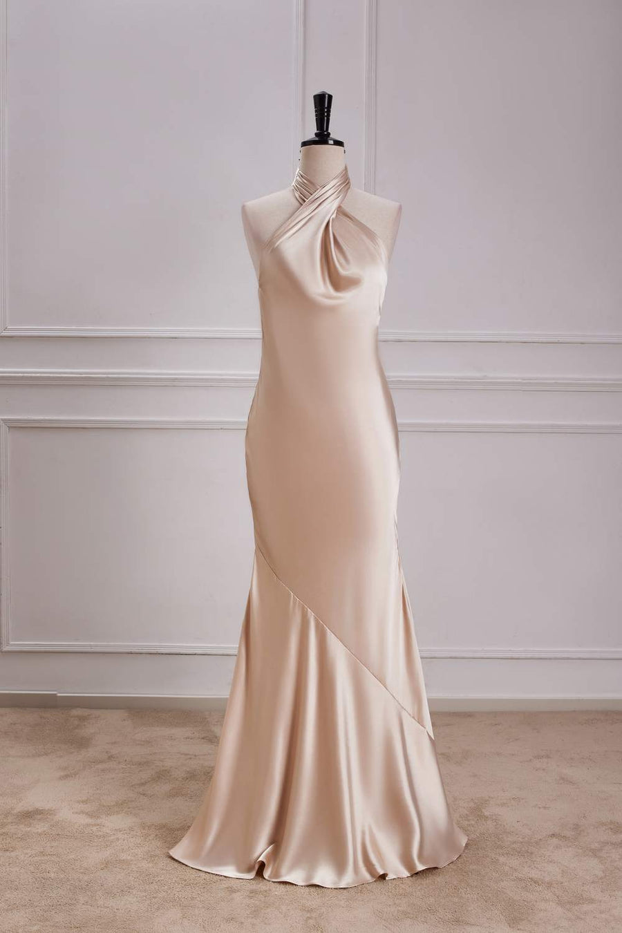 Champagne Crossed Halter Mermaid Ruffled Satin Long Bridesmaid Dress Champagne / US 12
