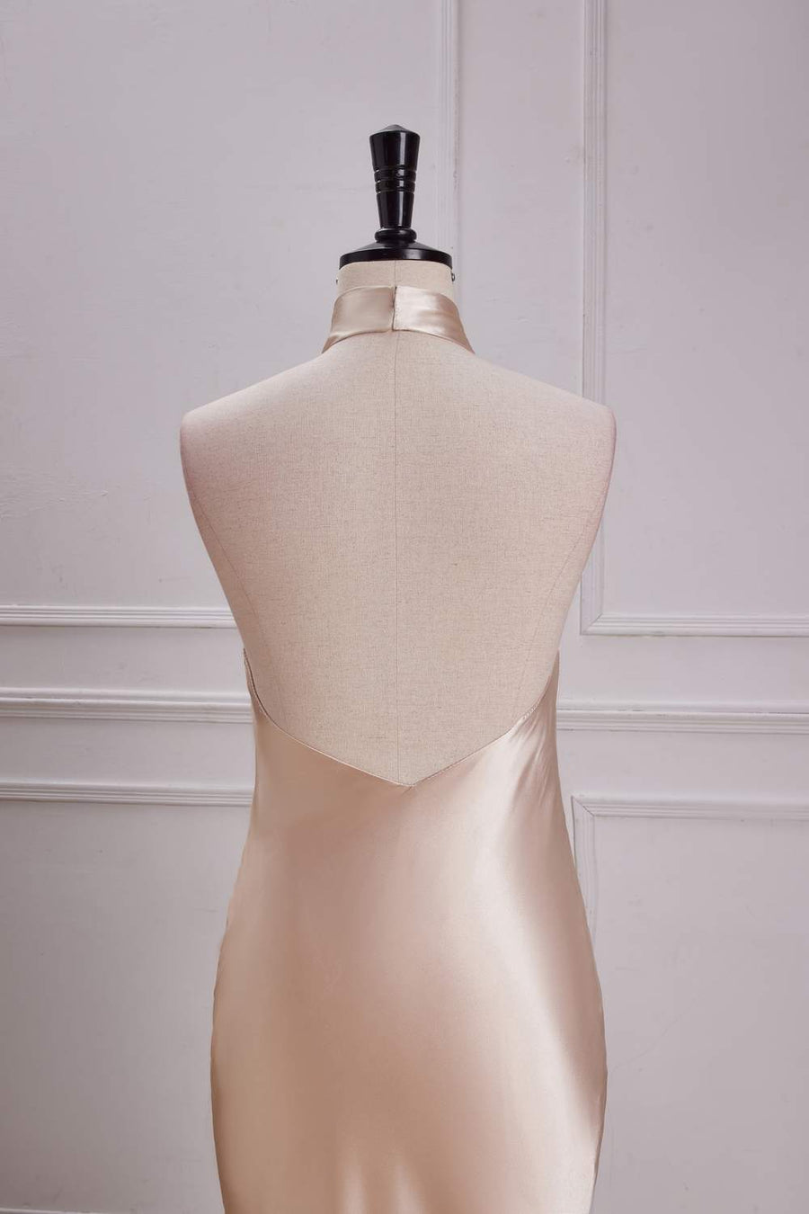 Champagne Crossed Halter Mermaid Ruffled Satin Long Bridesmaid Dress back closeup side