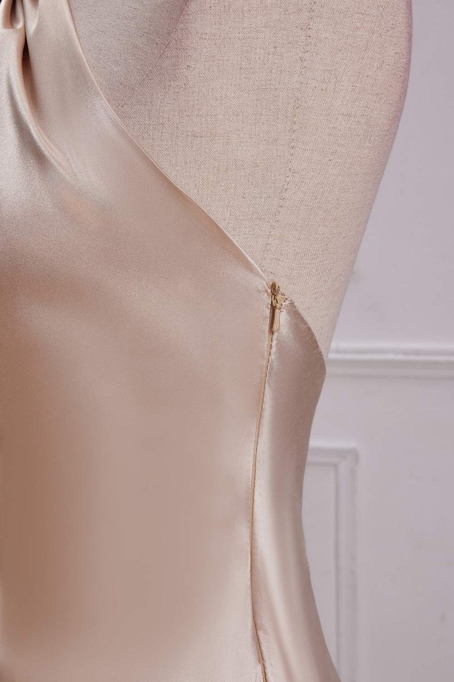 Champagne Crossed Halter Mermaid Ruffled Satin Long Bridesmaid Dress close up left side
