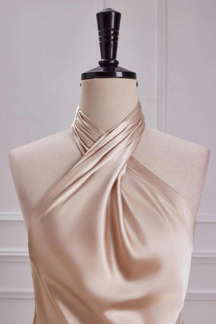 Champagne Crossed Halter Mermaid Ruffled Satin Long Bridesmaid Dress front closeup