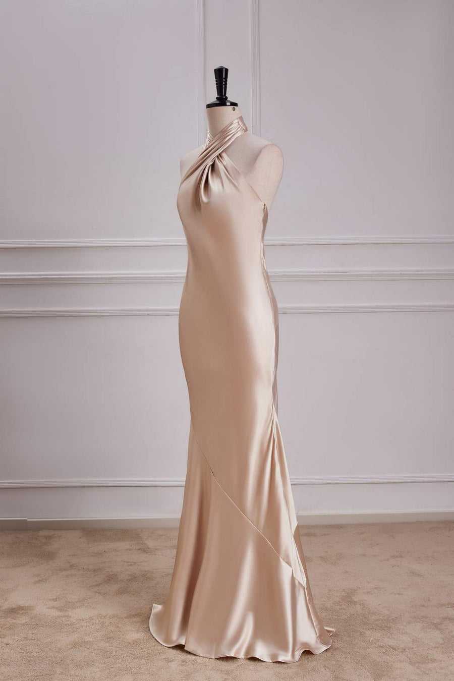 Champagne Crossed Halter Mermaid Ruffled Satin Long Bridesmaid Dress front left side