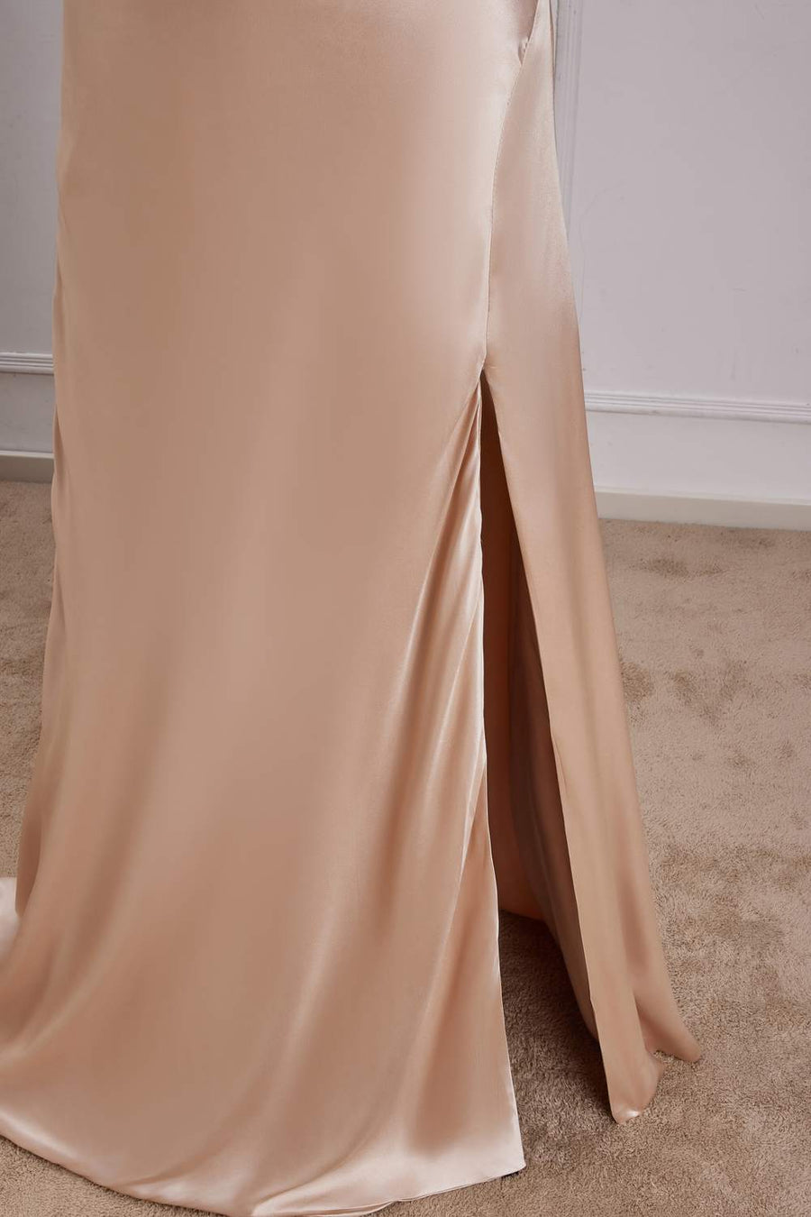 Champagne V Neck Spaghetti Straps A-line Long Prom Dress with Slit Custom Color / US 10 Champagne V Neck Spaghetti Straps A-line Long Prom Dress with Slit Custom Color / US 10