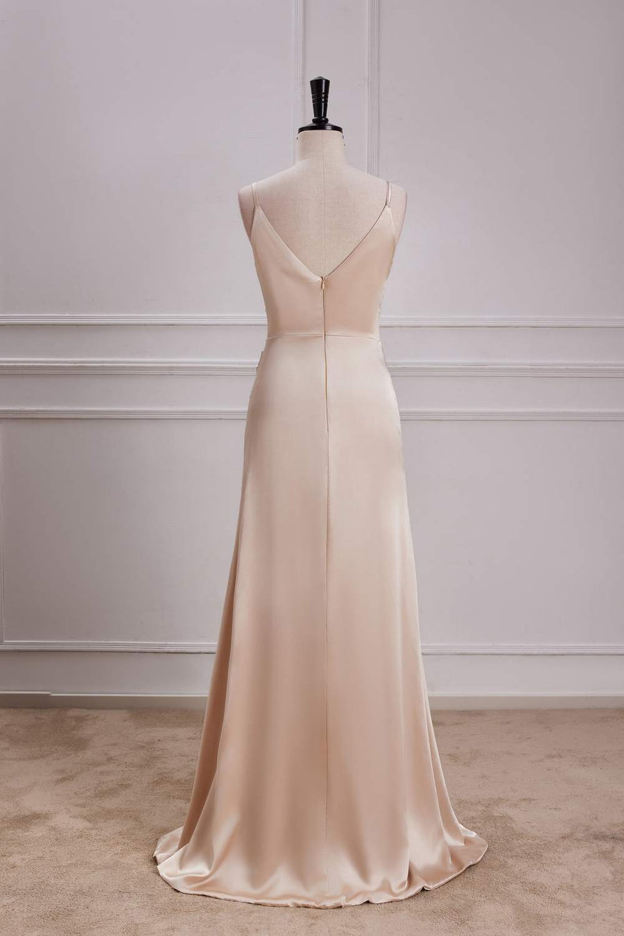 Champagne V Neck Spaghetti Straps A-line Long Prom Dress with Slit Custom Color / US 10