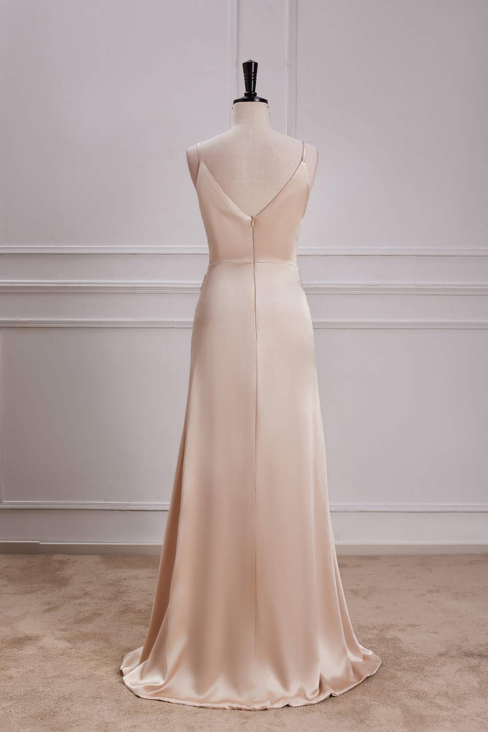 champagne formal long dress V Neck Spaghetti Straps A-line Prom with Slit Custom Color / US 10 Color:Mocha Mousse Step into a world satin evening gown Summer Outfits by Color:
